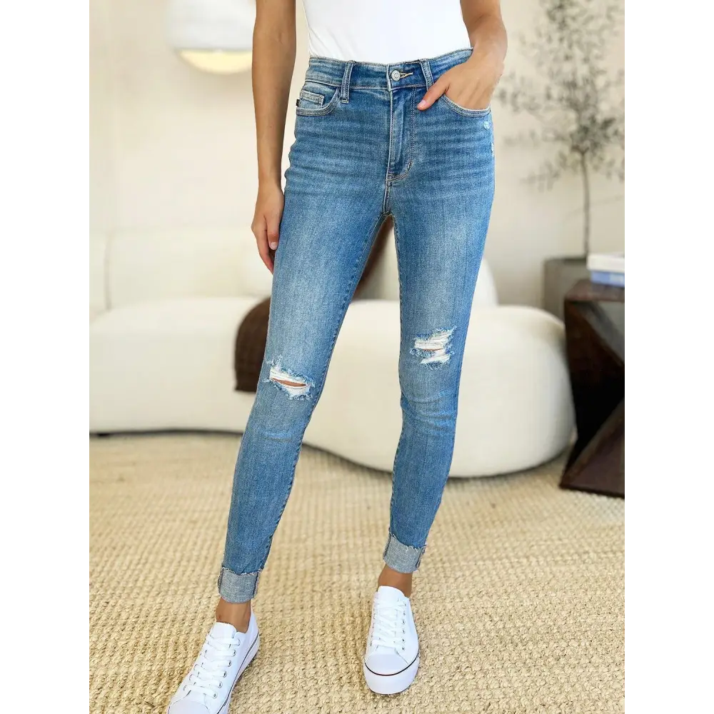 Judy Blue Mid Rise Destroy Cuff Skinny Jeans Rock Your Style