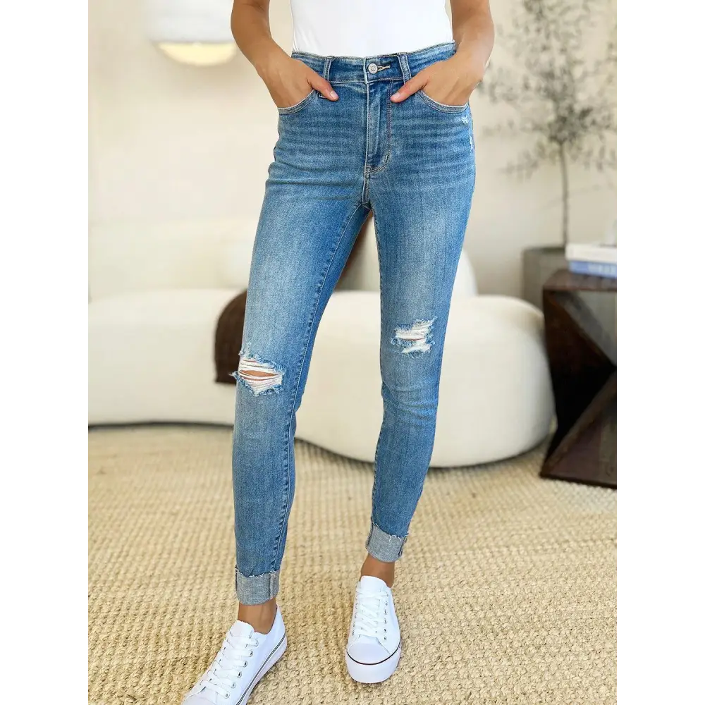 Judy Blue Mid Rise Destroy Cuff Skinny Jeans Rock Your Style