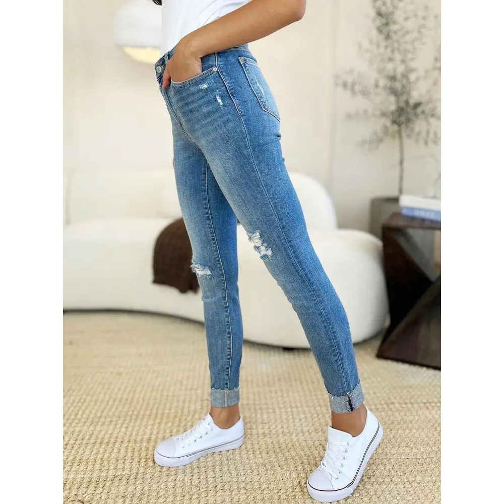 Judy Blue Mid Rise Destroy Cuff Skinny Jeans Rock Your Style