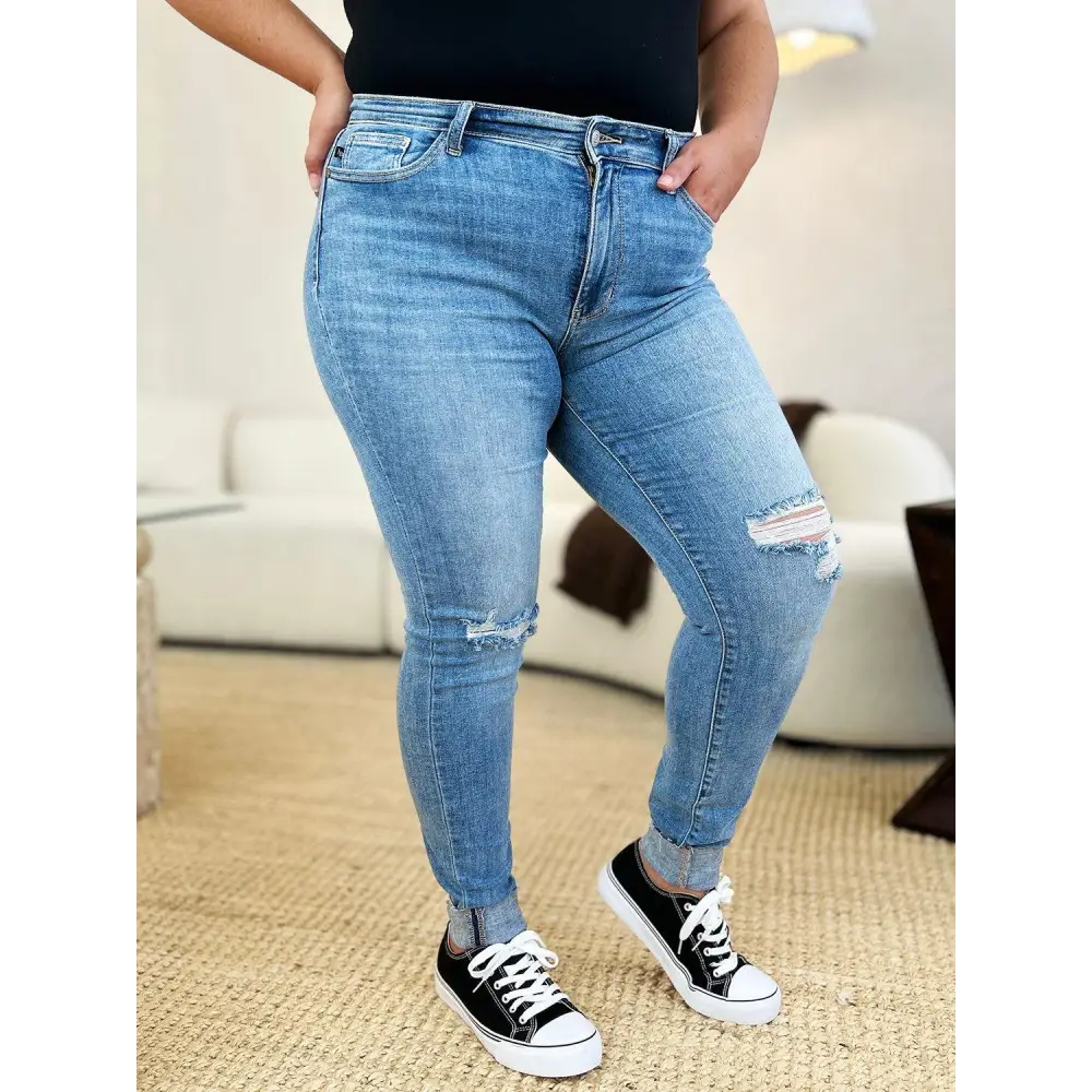 Judy Blue Mid Rise Destroy Cuff Skinny Jeans Rock Your Style