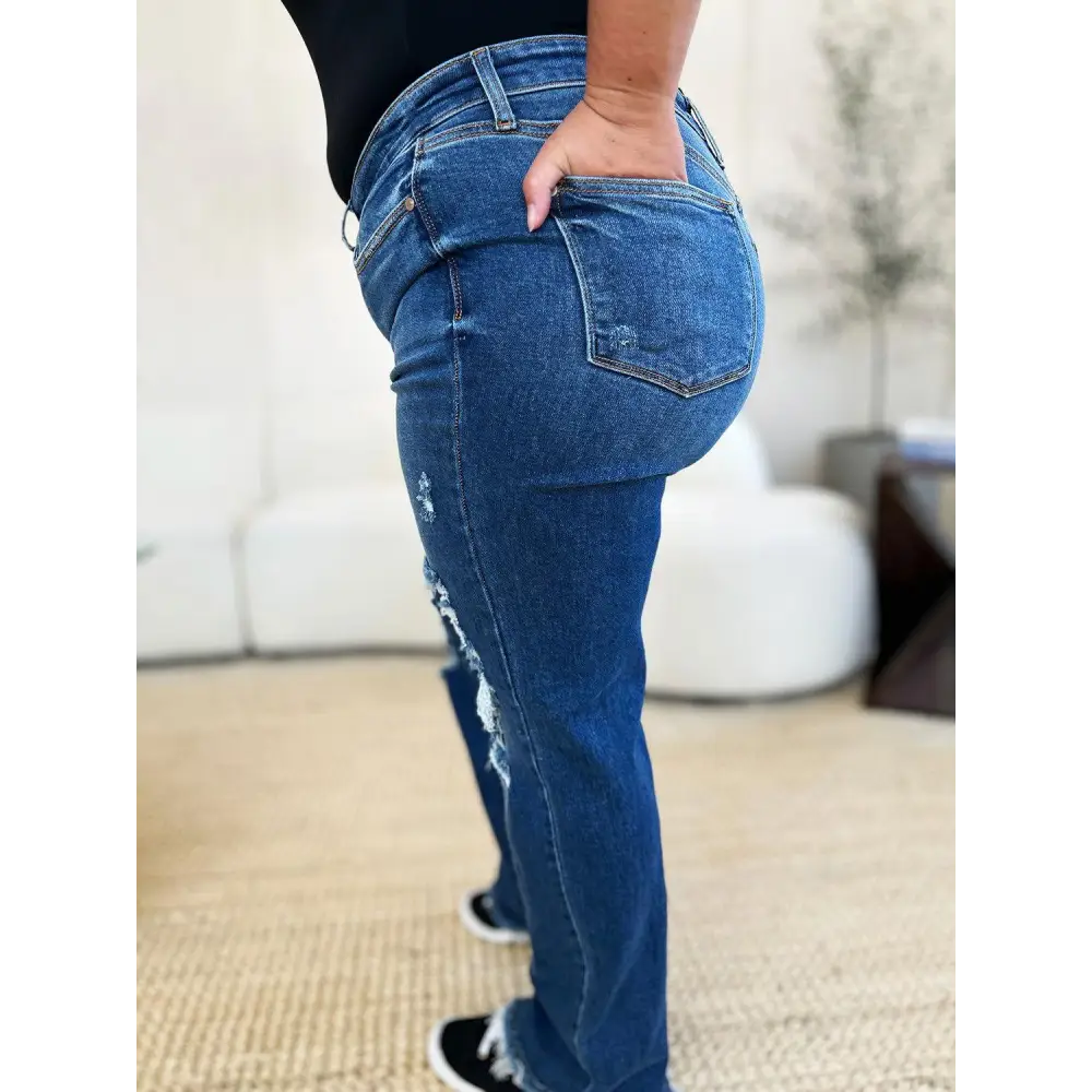 Trendy Judy Blue Mid Rise Distressed Raw Hem Jeans