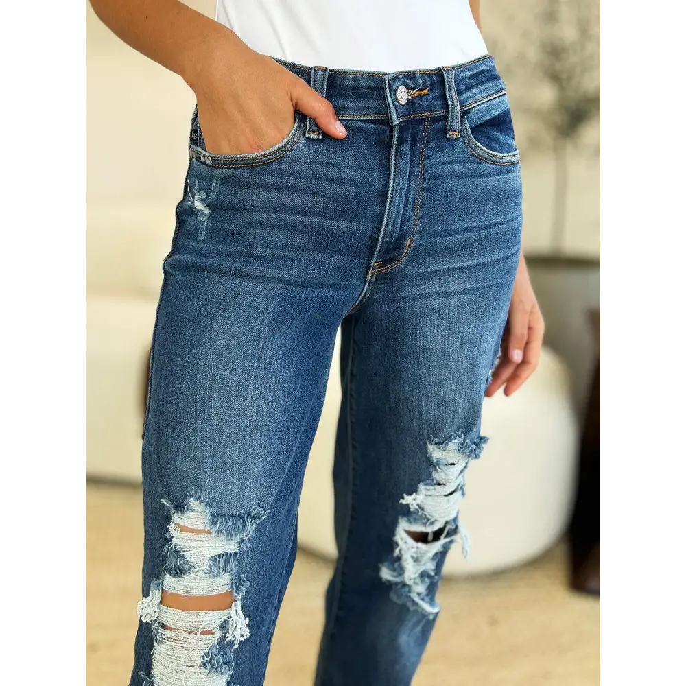 Trendy Judy Blue Mid Rise Distressed Raw Hem Jeans