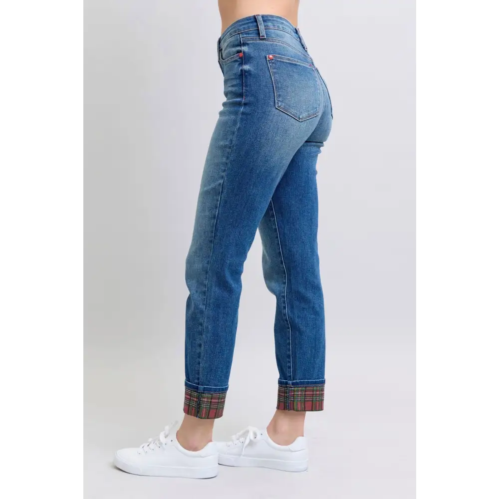 Judy Blue Plaid Print Cuff Straight Leg Jeans Rock Your Style