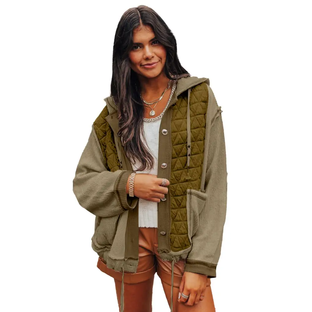 Jungle Green Quilted Textured Patchwork Hooded Jacket Delight