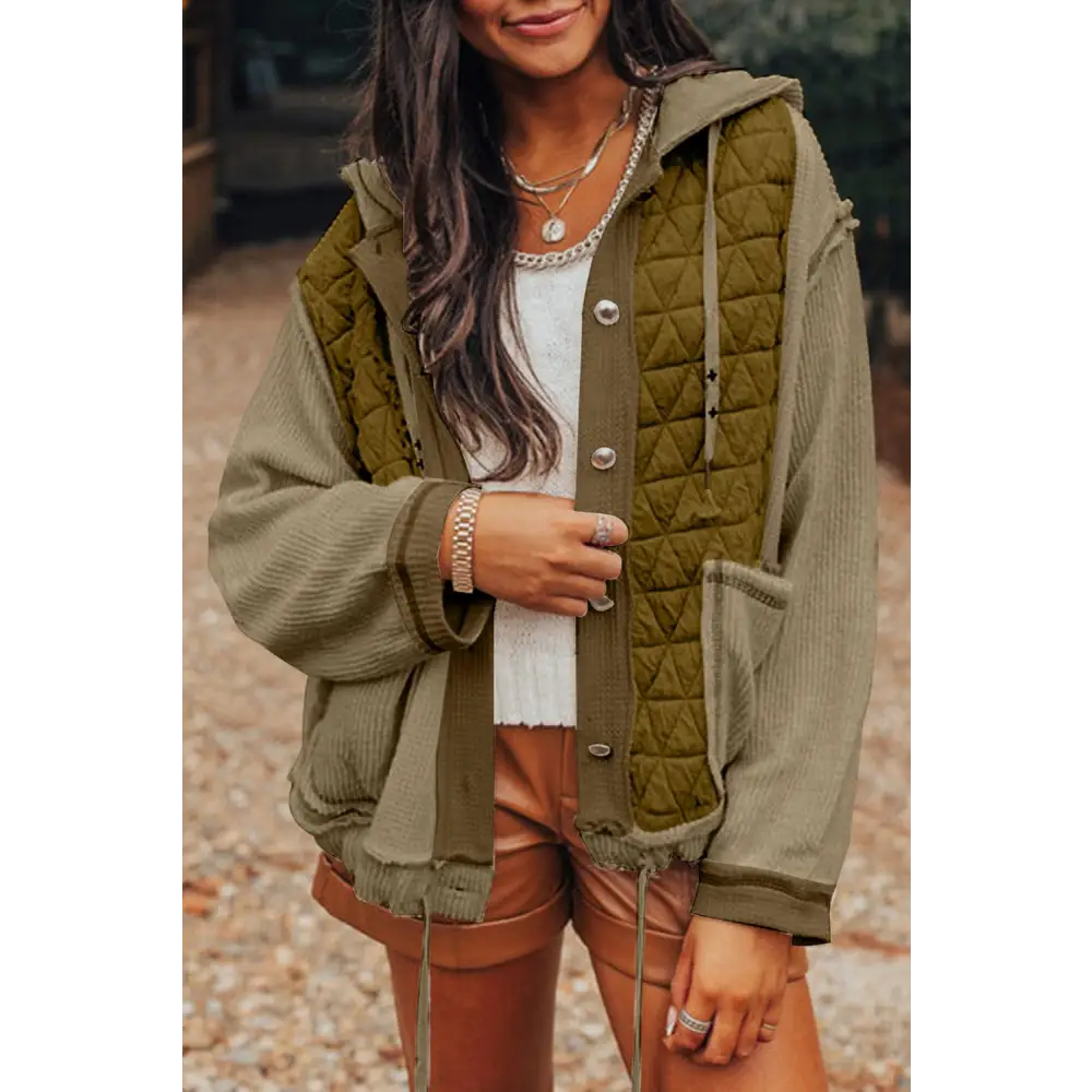 Jungle Green Quilted Textured Patchwork Hooded Jacket Delight