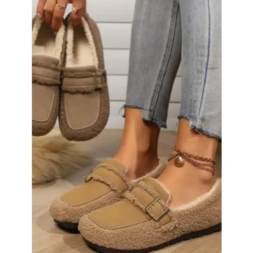 Fuzzy Buckle Flat Slip-Ons - CM Fashion