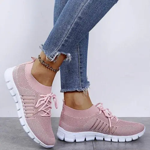 Juno Studio Pink Knit Sneakers Breathable Mesh Lace