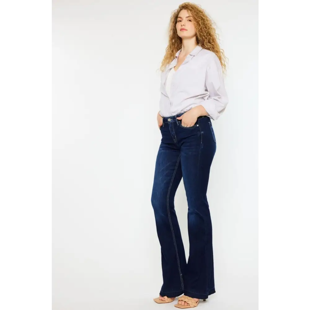 Vintage-Inspired Kancan Mid Rise Slim Flare Jeans in Dark Stonewash