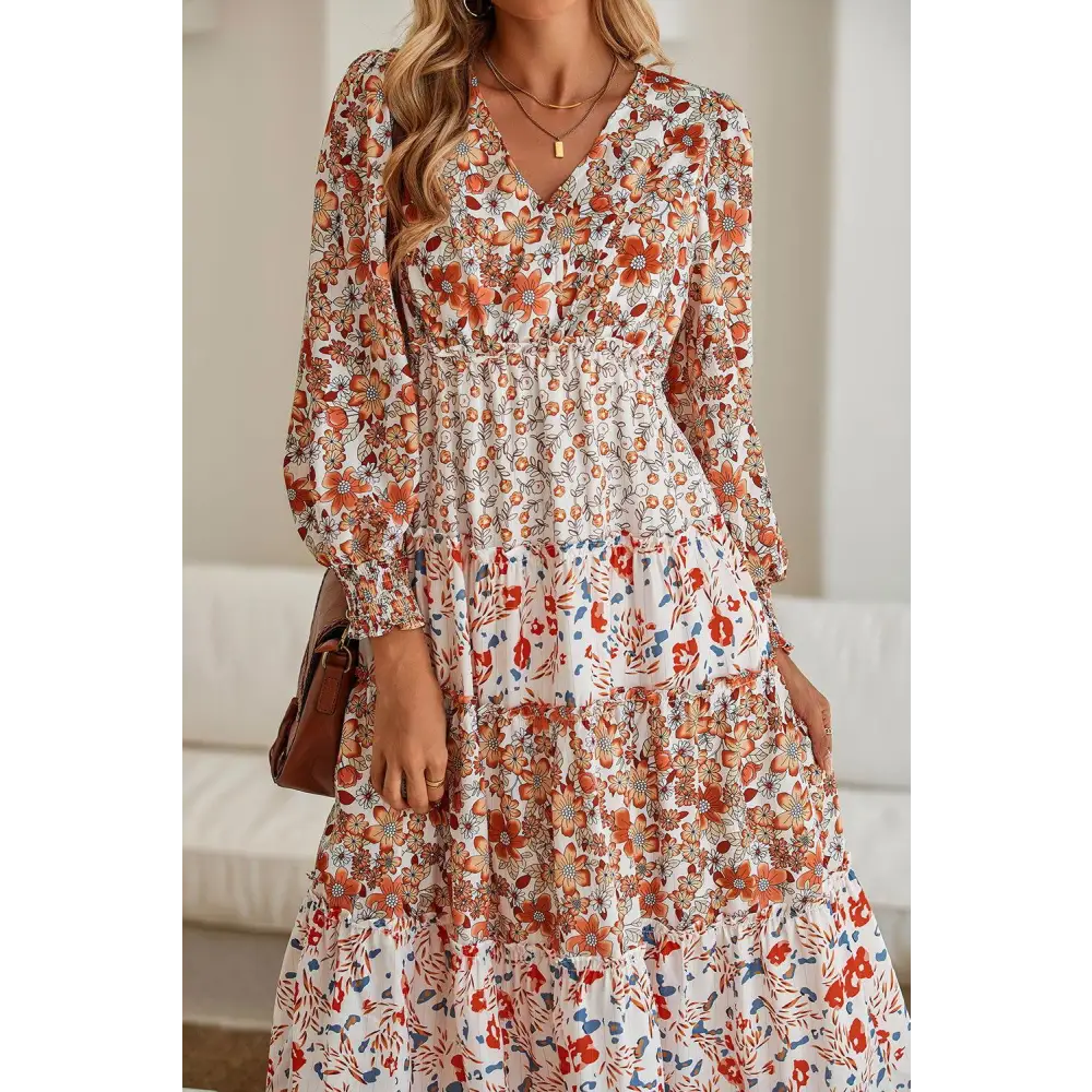 Khaki Floral Print Ruffled Tiered Long Sleeve Midi Dress