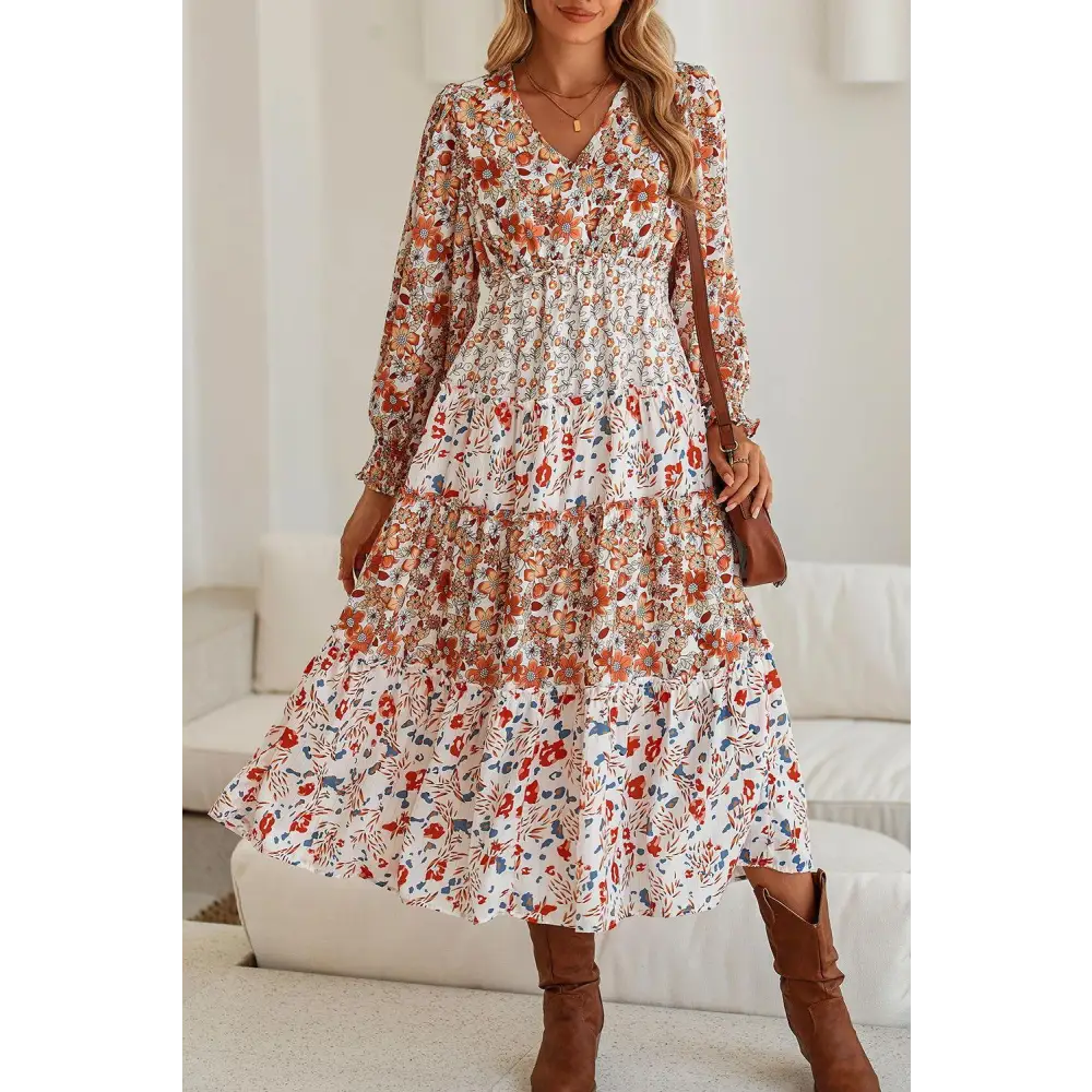 Khaki Floral Print Ruffled Tiered Long Sleeve Midi Dress