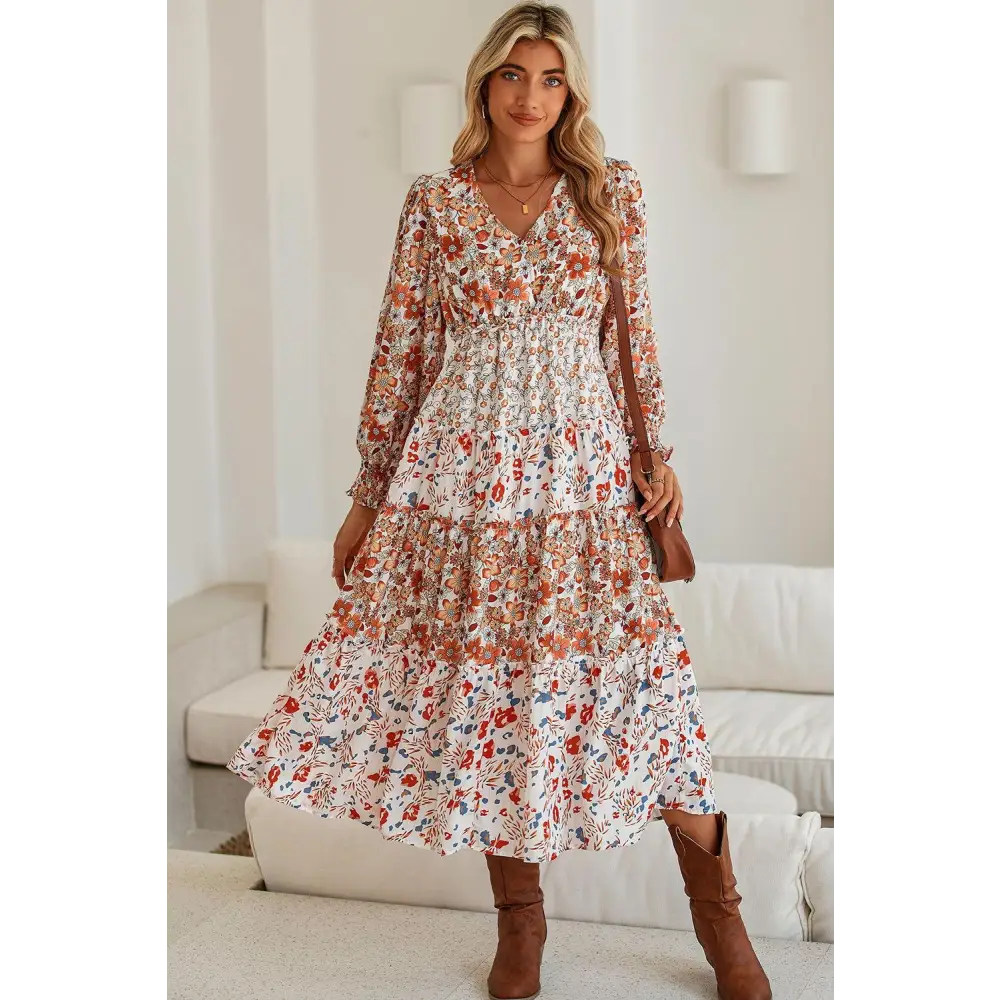 Khaki Floral Print Ruffled Tiered Long Sleeve Midi Dress