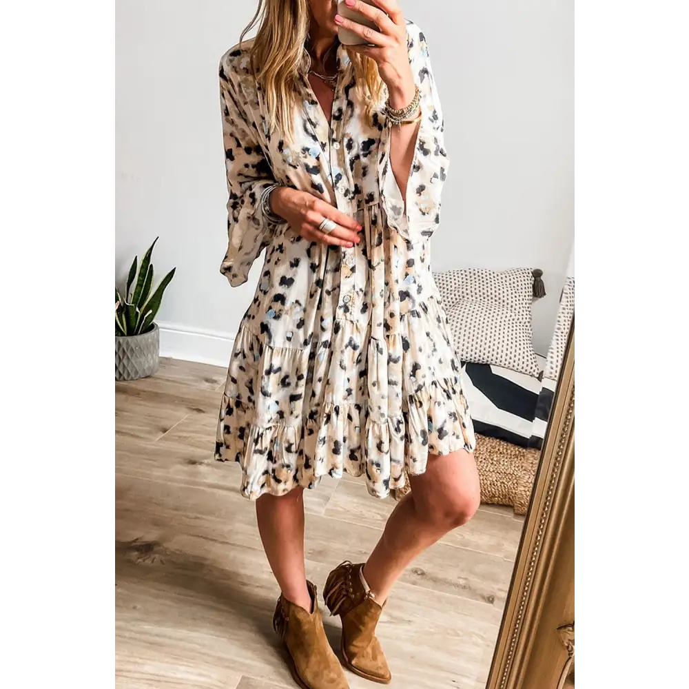 Khaki Leopard Button V Neck Pocket Flowy Mini Dress for Effortless Style