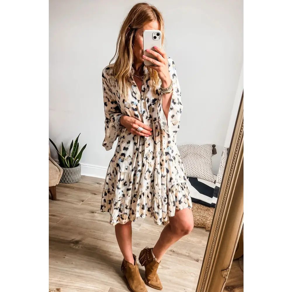 Khaki Leopard Button V Neck Pocket Flowy Mini Dress for Effortless Style