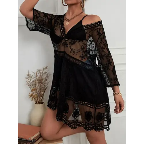 Lace Detail Plunge Cover Up Dress by DJ Apparel - Stunning Beachwear