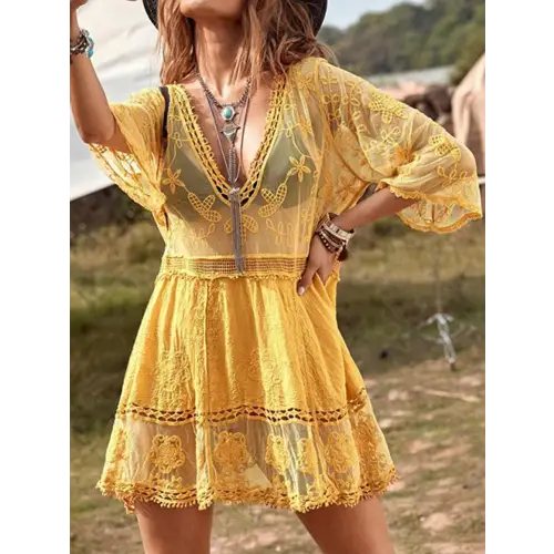 Lace Detail Plunge Cover Up Dress by DJ Apparel - Stunning Beachwear