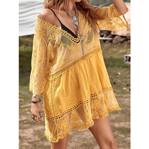 Lace Detail Plunge Cover Up Dress by DJ Apparel - Stunning Beachwear