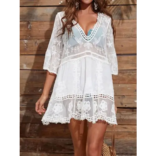 Lace Detail Plunge Cover Up Dress by DJ Apparel - Stunning Beachwear