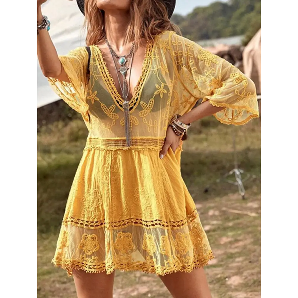 Stunning Lace Detail Plunge Cover Up Dress by DJ Apparel