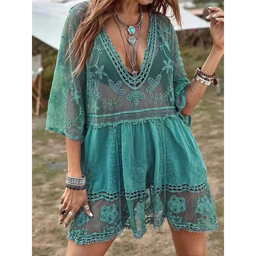 Stunning Lace Detail Plunge Cover Up Dress by DJ Apparel