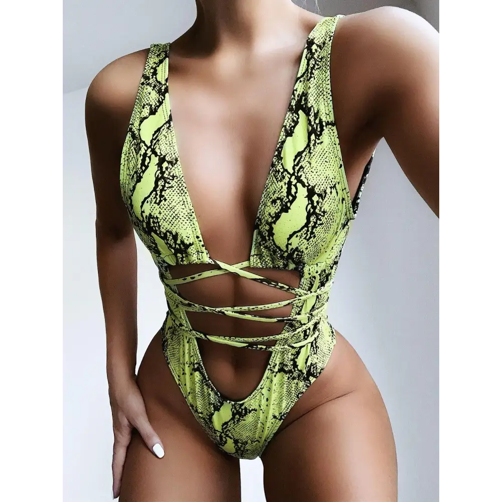 Sizzling Snakeskin Lace-Up Backless Plunge One-Piece Swimwear