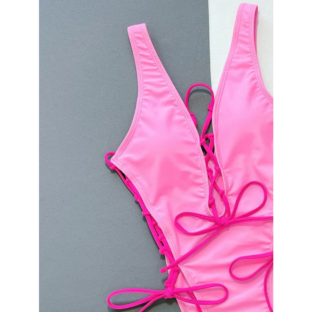 Sizzling Pink Lace-Up Deep V Sleeveless One-Piece Swimsuit