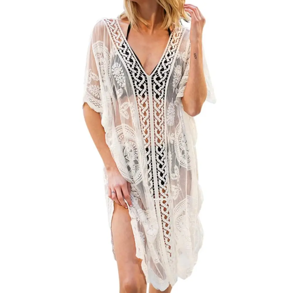 Elegant Lace V-Neck Half Sleeve Cover-Up for Beach Glamour