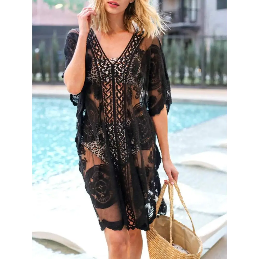 Elegant Lace V-Neck Half Sleeve Cover-Up for Beach Glamour