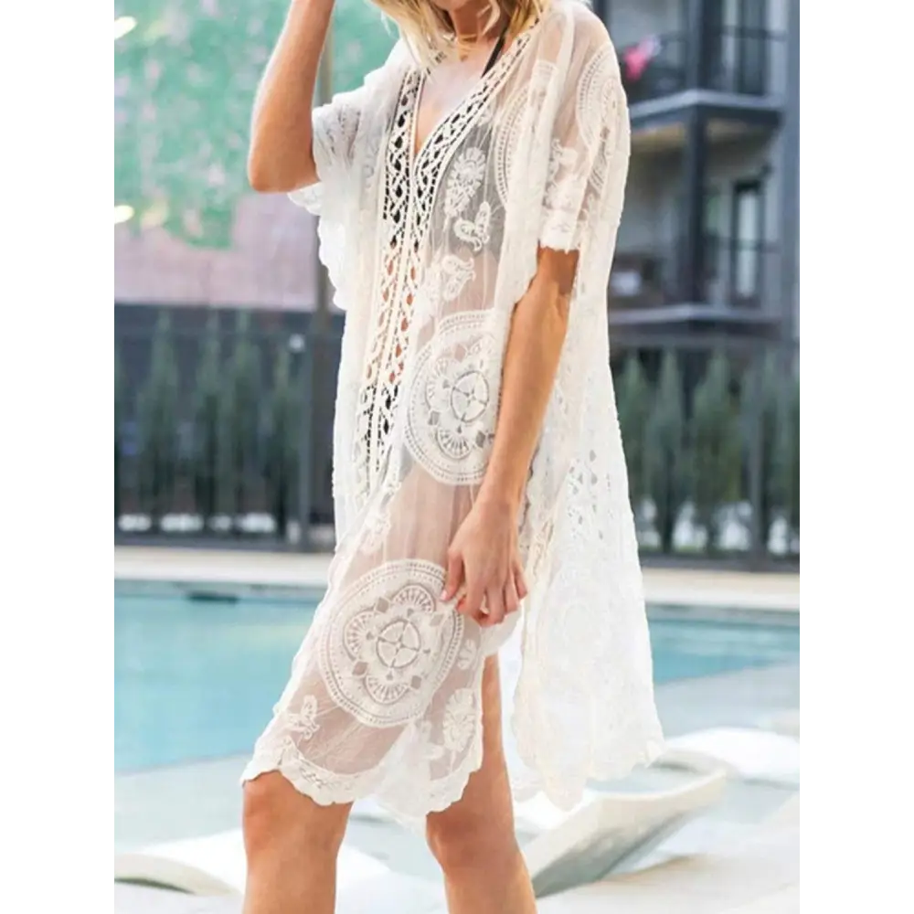 Elegant Lace V-Neck Half Sleeve Cover-Up for Beach Glamour