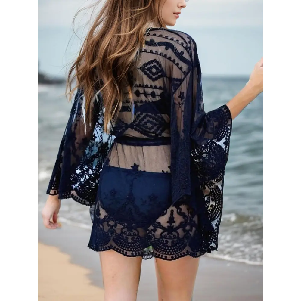 Elegant Lace V-Neck Three-Quarter Sleeve Cover Up for Beach Glamour