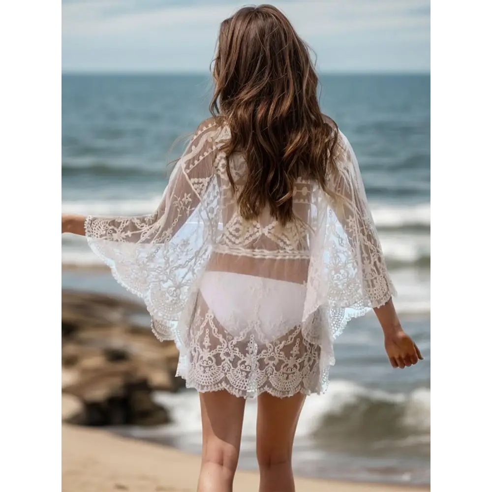 Elegant Lace V-Neck Three-Quarter Sleeve Cover Up for Beach Glamour