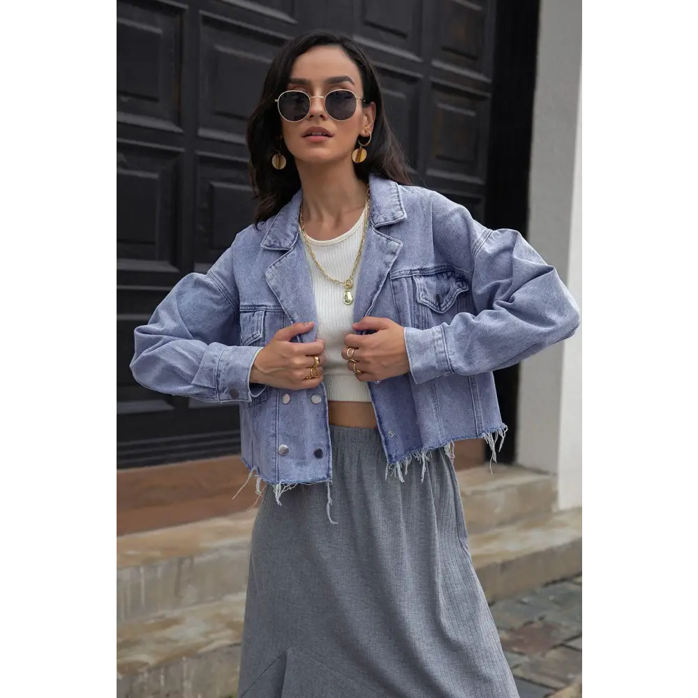 Lapel Collar Long Sleeve Denim Jacket