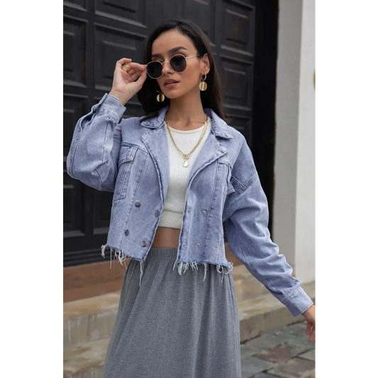 Lapel Collar Long Sleeve Denim Jacket - CM Fashion