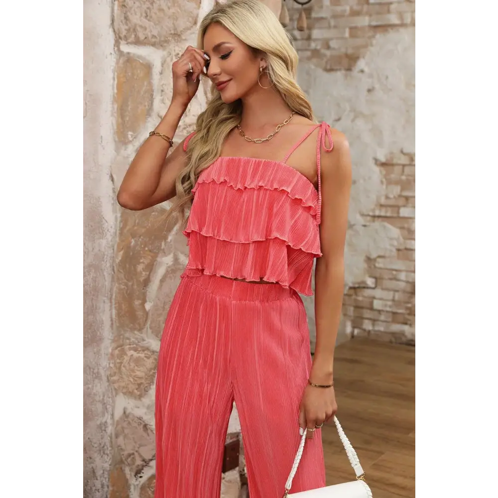 Chic Layered Tie Shoulder Top and Wide Leg Pants Set