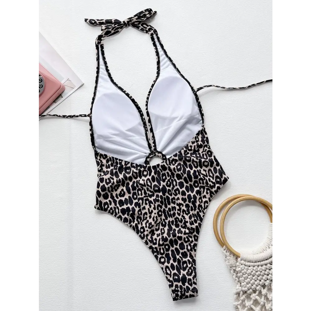 Stunning Leopard Halter Neck Ring One Piece Swimsuit