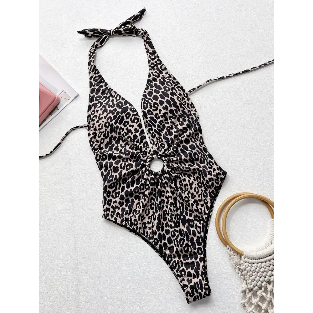 Stunning Leopard Halter Neck Ring One Piece Swimsuit