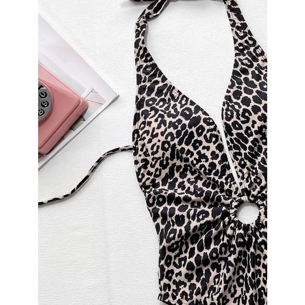 Stunning Leopard Halter Neck Ring One Piece Swimsuit