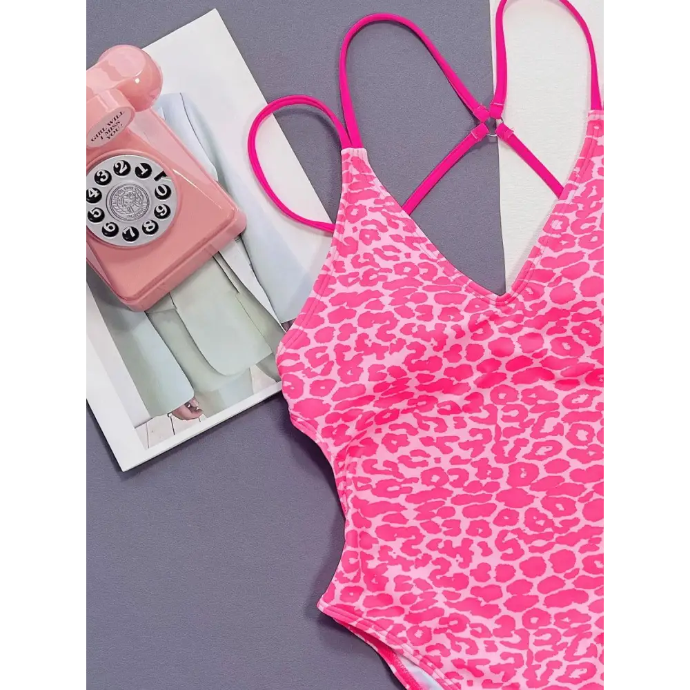 Fierce Pink Leopard Plunge Spaghetti Strap One-Piece Swimwear