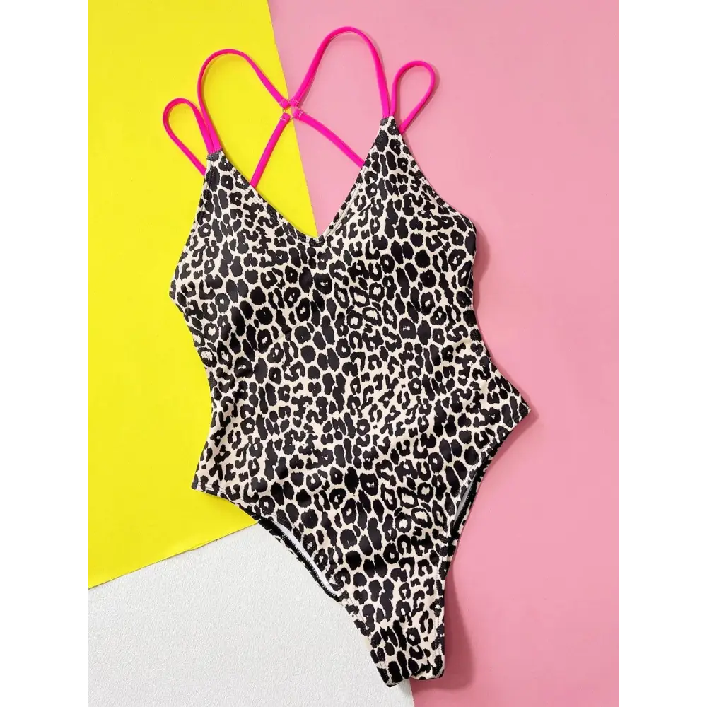 Fierce Pink Leopard Plunge Spaghetti Strap One-Piece Swimwear