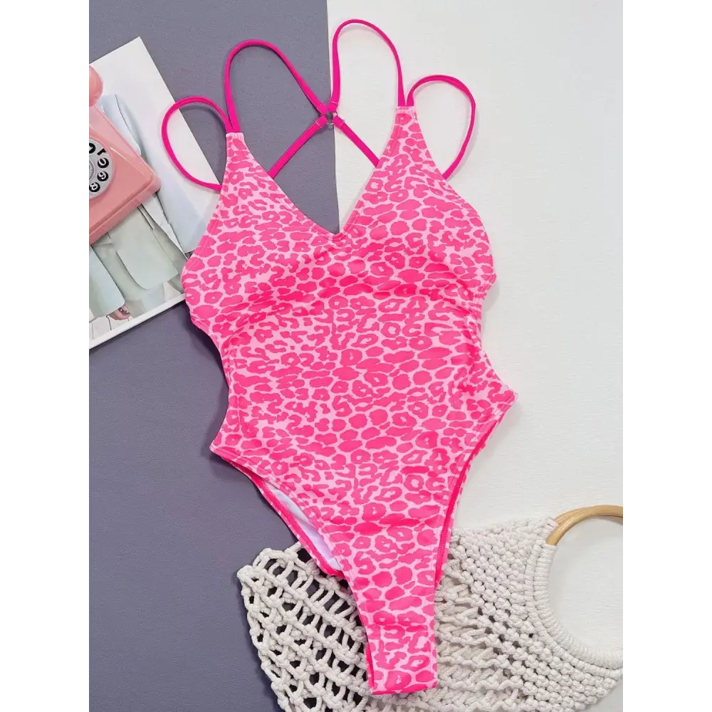 Fierce Pink Leopard Plunge Spaghetti Strap One-Piece Swimwear