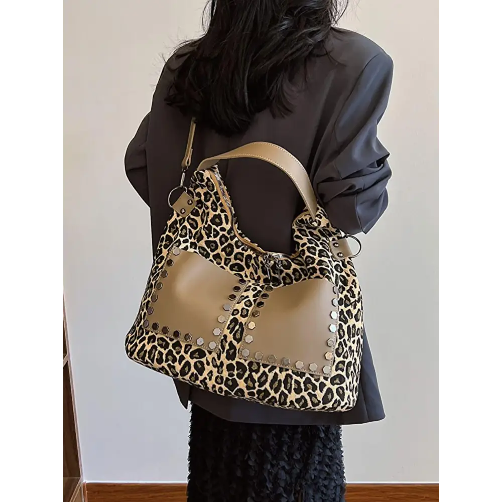 Fierce Leopard Polyester Shoulder Bag with Edgy Studs