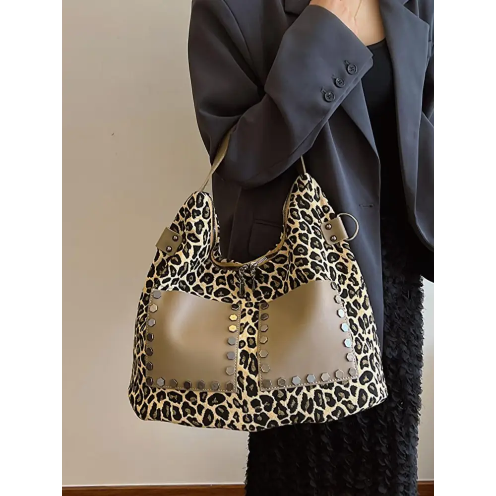 Fierce Leopard Polyester Shoulder Bag with Edgy Studs