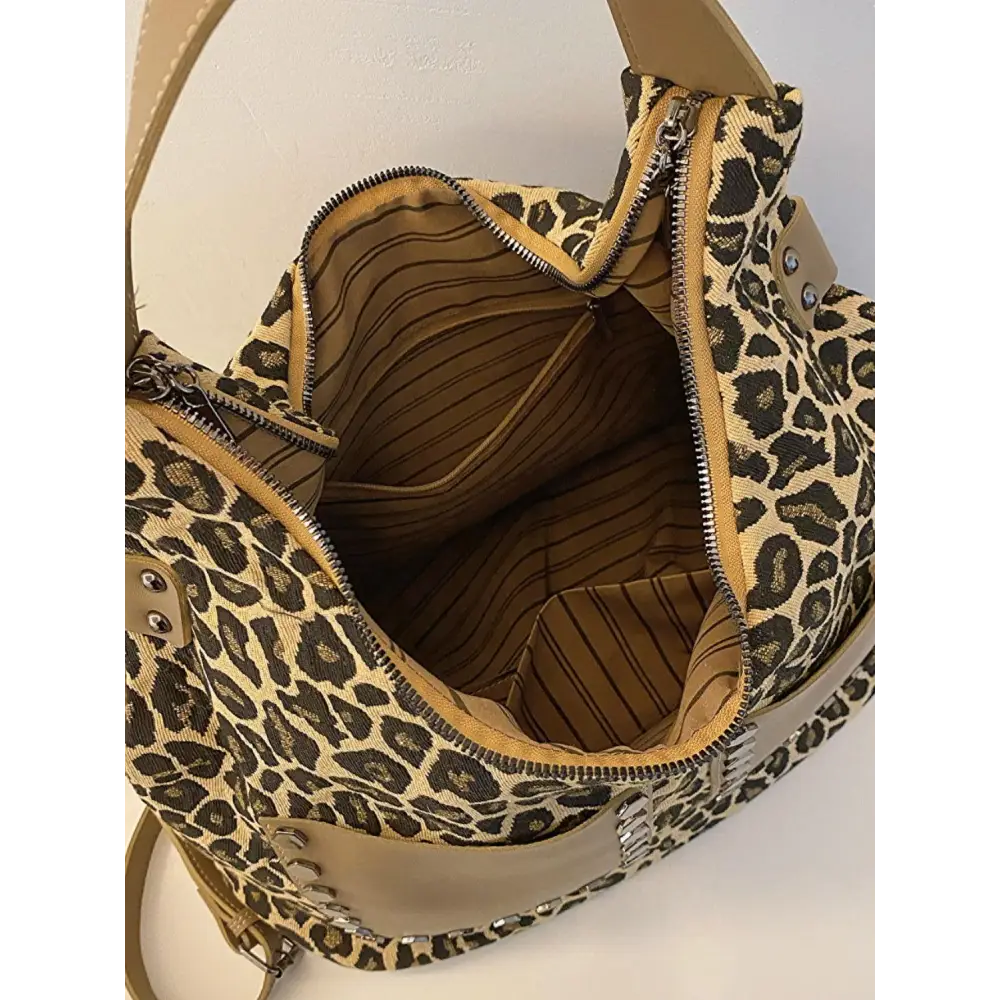 Fierce Leopard Polyester Shoulder Bag with Edgy Studs