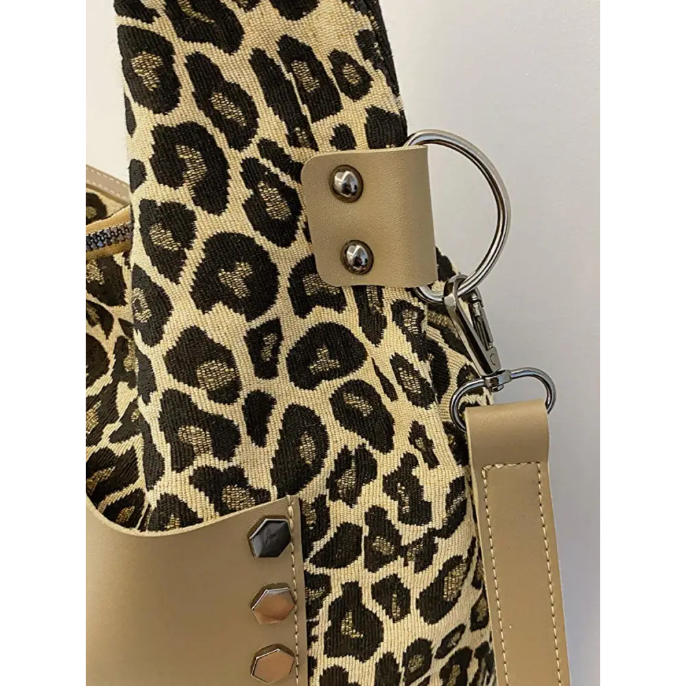 Fierce Leopard Polyester Shoulder Bag with Edgy Studs