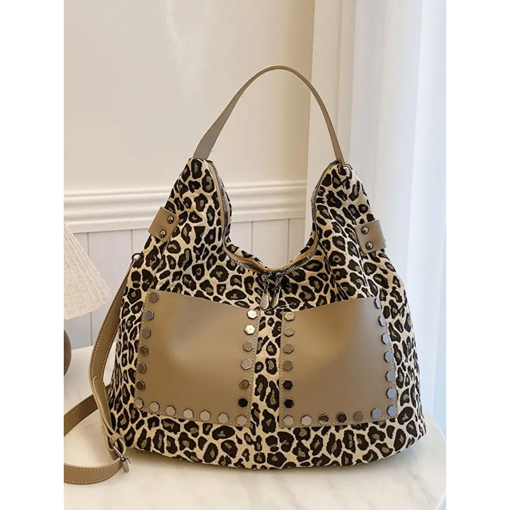 Fierce Leopard Polyester Shoulder Bag with Edgy Studs