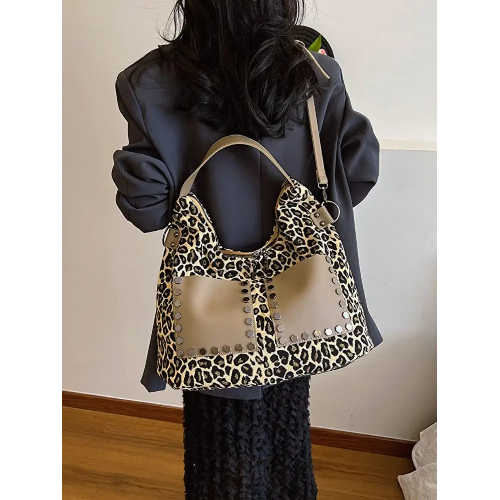 Fierce Leopard Polyester Shoulder Bag with Edgy Studs