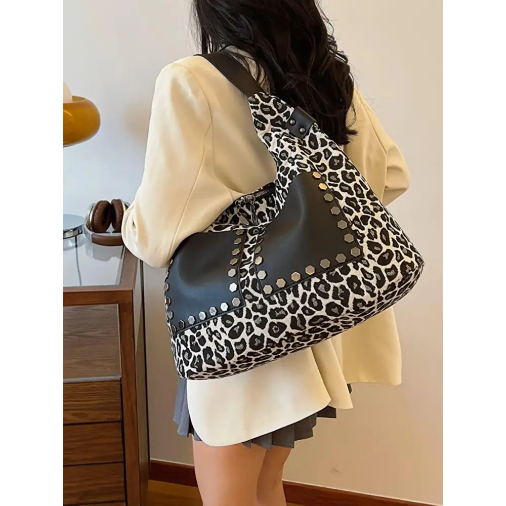 Fierce Leopard Polyester Shoulder Bag with Edgy Studs