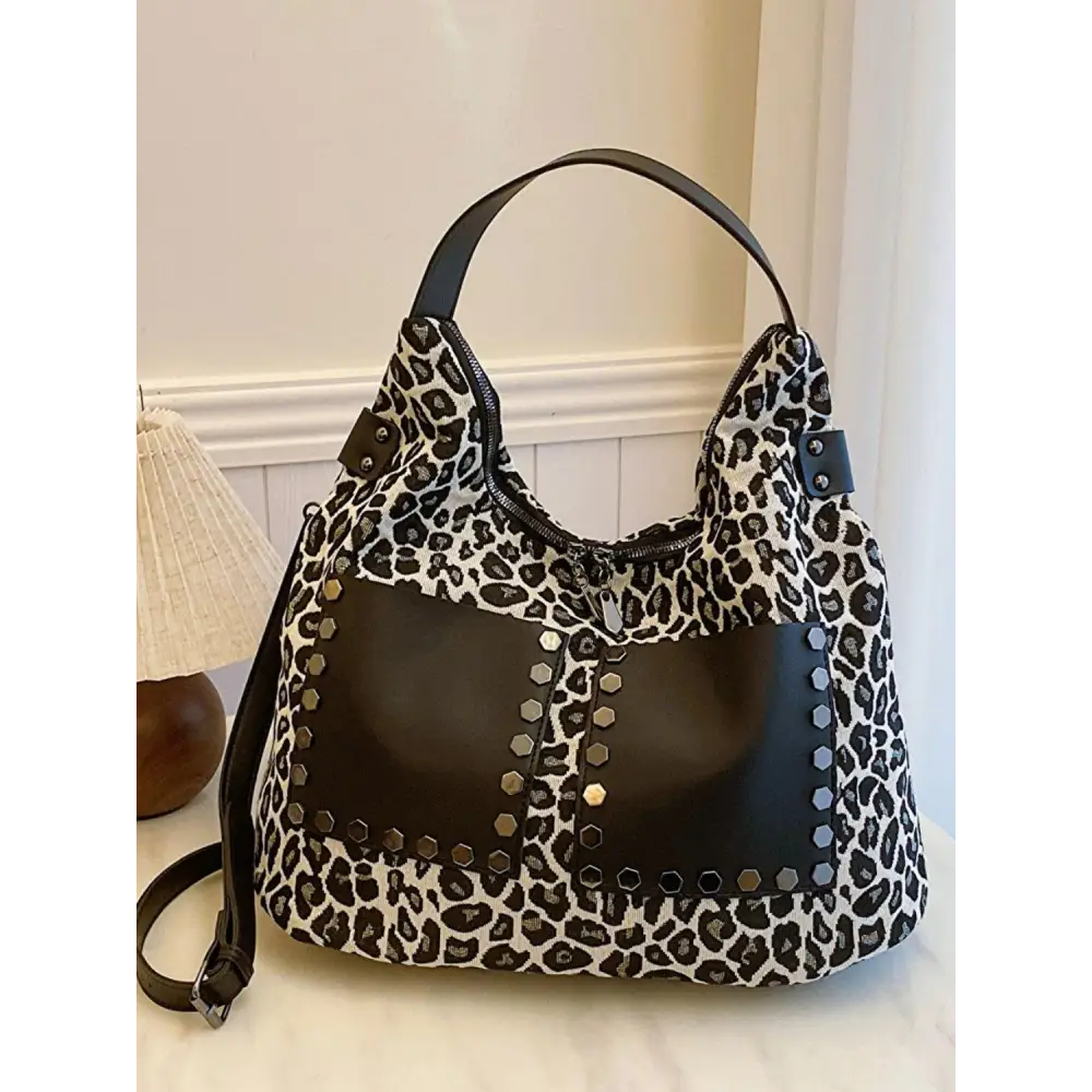 Fierce Leopard Polyester Shoulder Bag with Edgy Studs