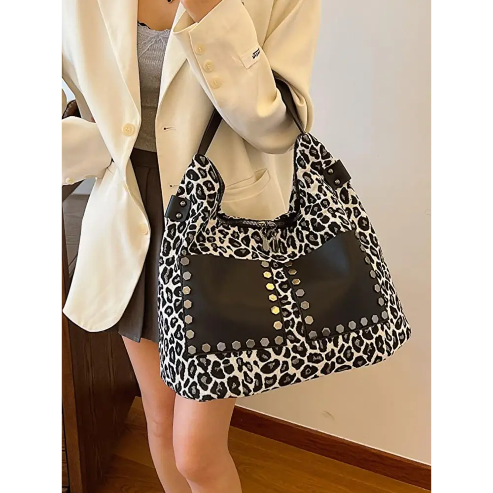 Fierce Leopard Polyester Shoulder Bag with Edgy Studs