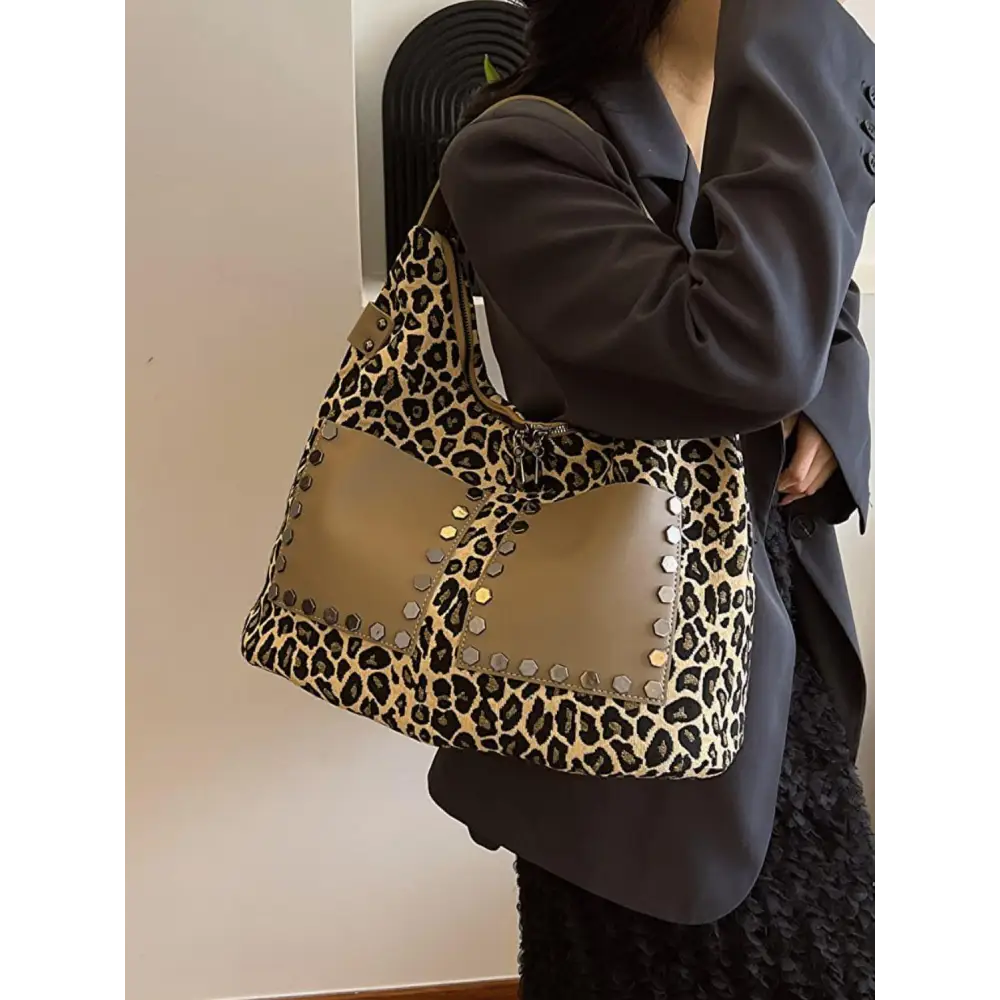 Fierce Leopard Polyester Shoulder Bag with Edgy Studs