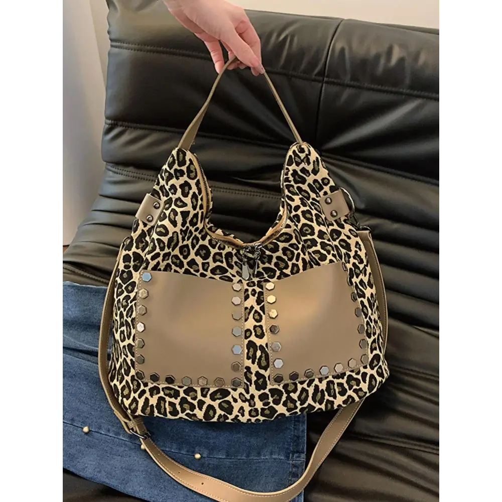 Fierce Leopard Polyester Shoulder Bag with Edgy Studs